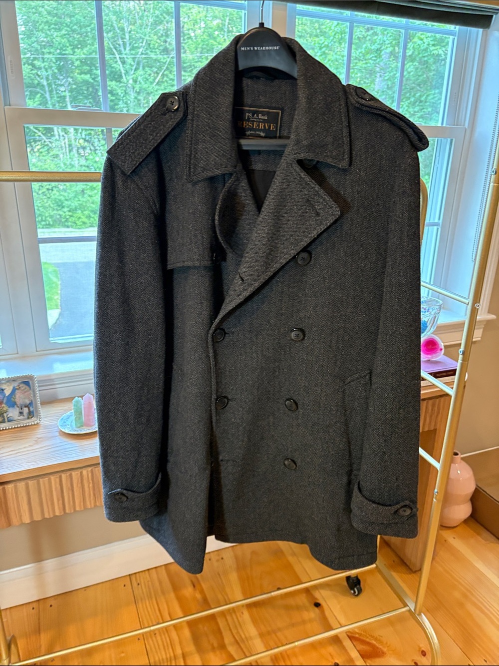 Jos. A. Bank Reserve Men's Gray Herringbone Double-Breasted Pea Coat